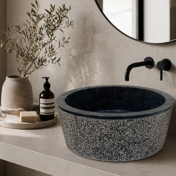 lavabo loja piedra natural textura rugosa baño moderno sobre encimera