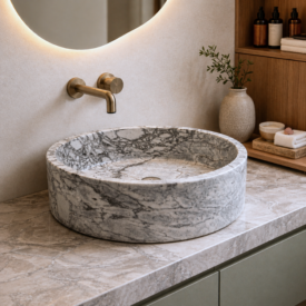 lavabo lugano marmol natural redondo veta marcada baño moderno sobre encimera